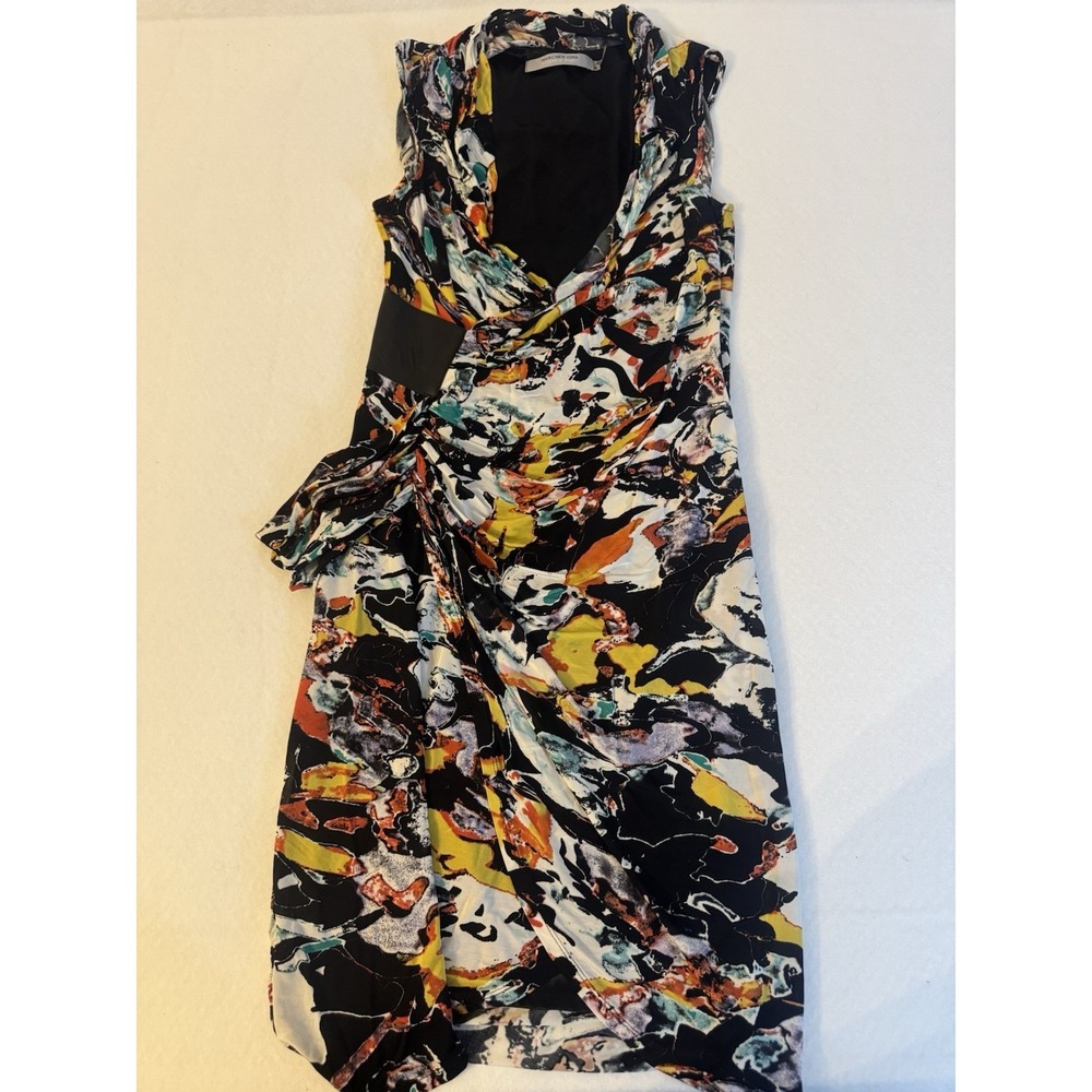 Marc New York Andrew Marc Abstract Print Faux Leather Trim Draped Dress 8